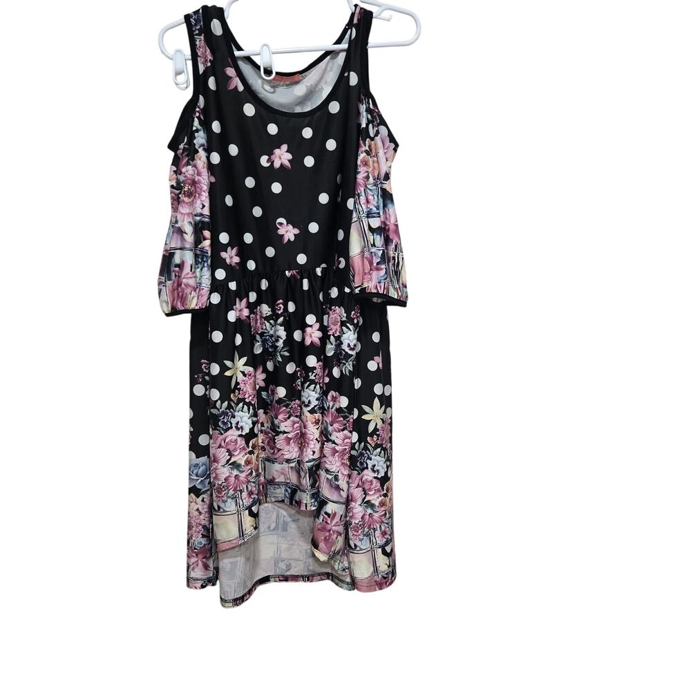 Simply Aster 1X Floral Polka Dot Cold Shoulder Swing Dress